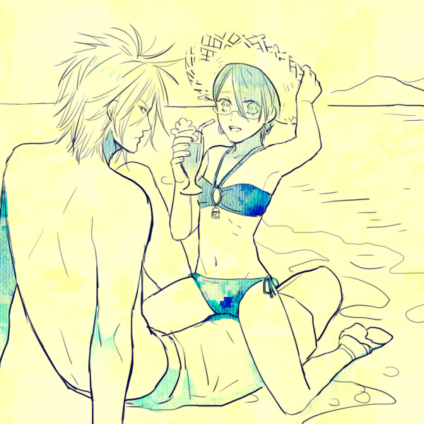 beach, bikini, eden_no_ori, glasses, hat, kouichi_yarai, monochrome, motoko_kurusu