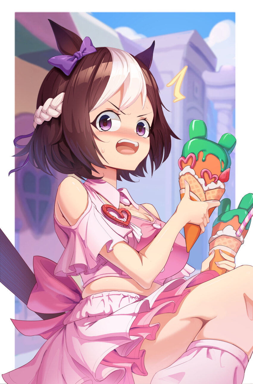 1girl, absurdres, agemasen!_(meme), animal_ears, bare_shoulders, blush, bow, braid, breasts, brown_hair, clothing_cutout, crepe, cropped_shirt, ear_bow, food, glutton, hakuki, highres, holding, holding_crepe, holding_food, horse_ears, horse_girl, horse_tail, large_breasts, layered_skirt, loose_socks, meme, meni_shuki_rush-sshu!, midriff, multicolored_hair, open_mouth, pink_shirt, pink_skirt, pink_socks, purple_bow, purple_eyes, shirt, short_hair, shoulder_cutout, skirt, socks, special_week_(umamusume), sweatdrop, tail, teeth, thighs, two-tone_hair, umamusume, upper_teeth_only, white_hair