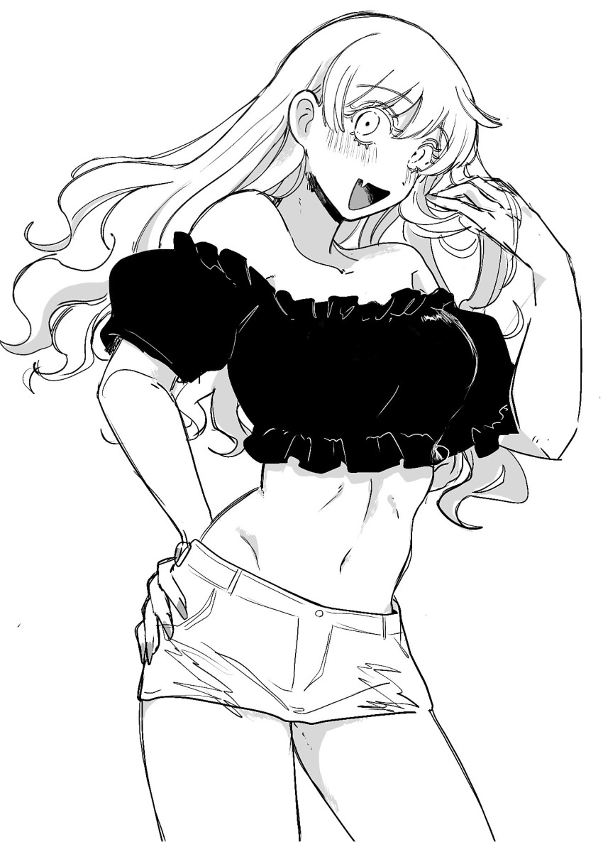 1girl, :d, bad_id, bad_twitter_id, bare_shoulders, blush, breasts, commentary_request, cowboy_shot, crop_top, cropped_shirt, dos_i2525, fang, frilled_shirt, frills, futsuu_no_keion-bu, greyscale, hand_in_own_hair, hand_on_own_hip, hand_up, highres, long_hair, midriff, monochrome, navel, off-shoulder_shirt, off_shoulder, open_mouth, puffy_short_sleeves, puffy_sleeves, shirt, short_shorts, short_sleeves, shorts, skin_fang, smile, solo, standing, stomach, tatsumi_reiha, wavy_hair