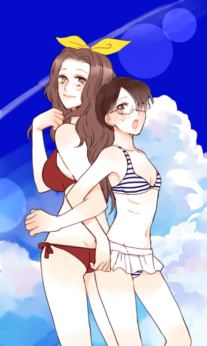 2girls, bikini, black_hair, blush, brown_hair, cloud, eden_no_ori, glasses