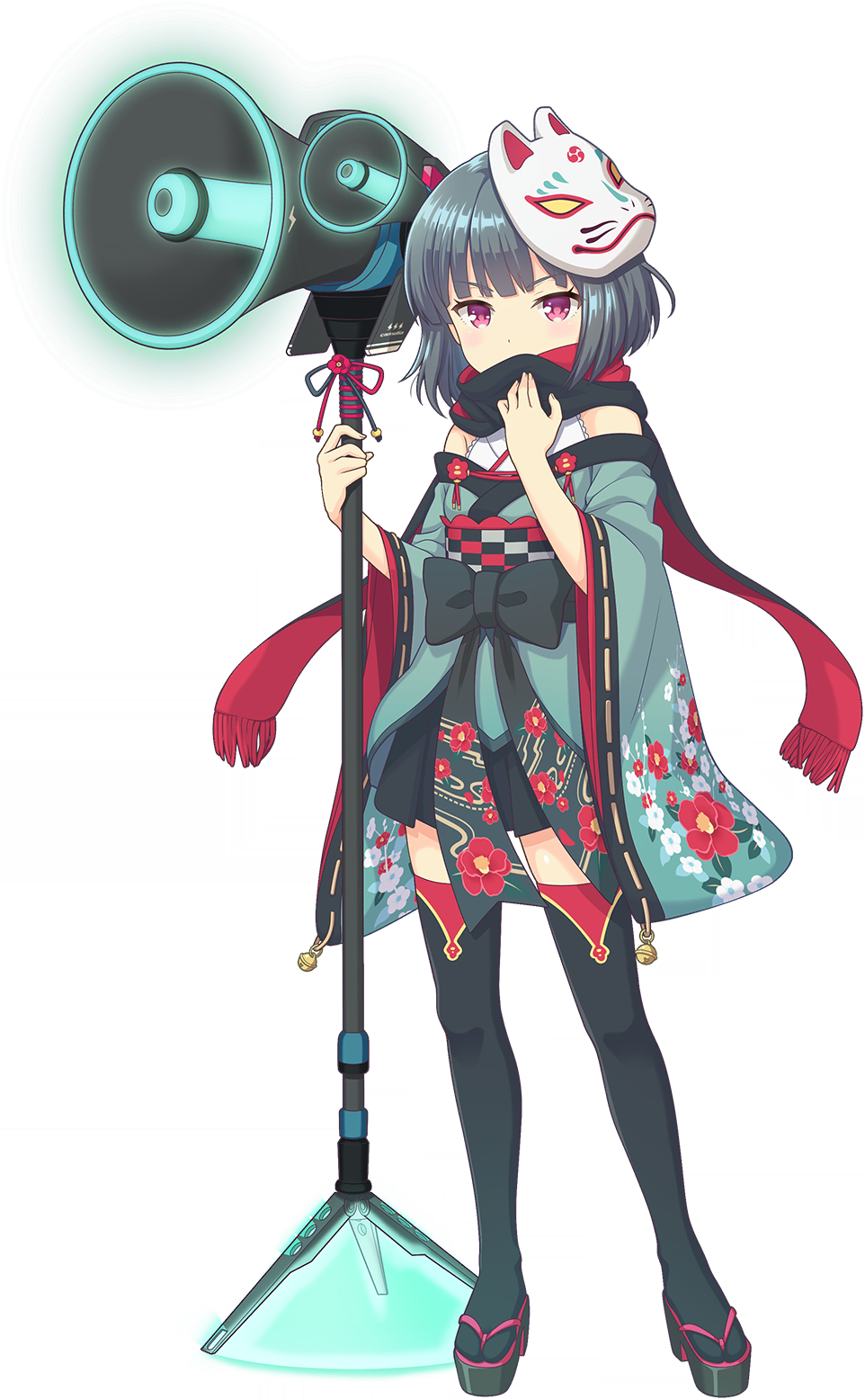 1girl, aihara_tsubaki, black_scarf, black_skirt, black_thighhighs, breasts, covering_own_mouth, full_body