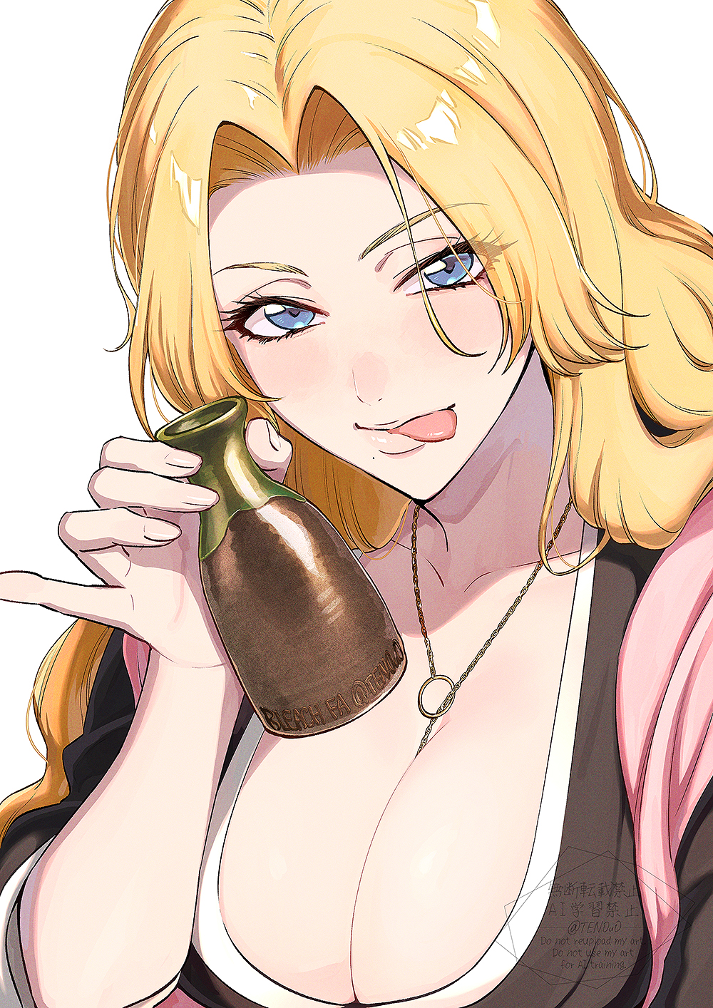 1girl, alcohol, bleach, blonde_hair, blue_eyes, breasts, chain, chain_necklace