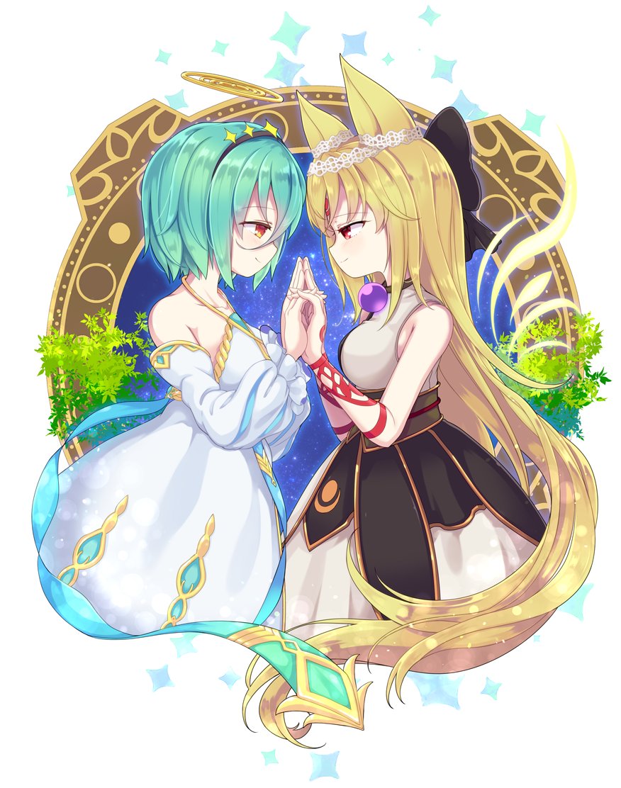 2girls, animal_ears, bare_shoulders, black_dress, black_ribbon, blonde_hair, blue_ribbon, breasts, detached_sleeves, dress, emil_chronicle_online, eye_contact, from_side, gold_halo, green_eyes, hair_ribbon, hairband, hand_on_another's_hand, iris_anemone, lace_hairband, large_breasts, long_hair, looking_at_another, multiple_girls, orange_eyes, origin_(emil_chronicle_online), red_eyes, ribbon, short_hair, shugoma_uruu, star_hairband, two-tone_dress, very_long_hair, white_dress, white_hairband, white_sleeves