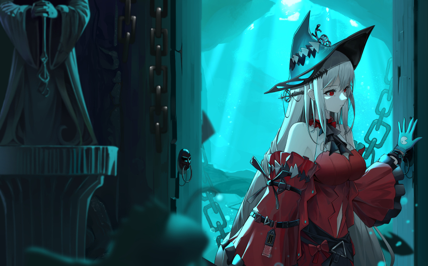 1girl, absurdres, air_bubble, angelfish, aqua_gloves, aqua_hat, arknights, ascot, bare_shoulders, black_ascot, black_ribbon, breasts, bubble, chain, clothing_cutout, detached_collar, detached_sleeves, doorway, dress, fish, gloves, grayson, hair_between_eyes, hair_ribbon, hat, highres, infection_monitor_(arknights), light_rays, long_hair, long_sleeves, medium_breasts, navel, navel_cutout, ocean, off-shoulder_dress, off_shoulder, official_alternate_costume, parted_lips, red_dress, red_eyes, red_ribbon, red_sleeves, ribbon, shadow, skadi_(arknights), skadi_the_corrupting_heart_(arknights), solo, standing, statue, submerged, tropical_fish, underwater, upper_body, very_long_hair, water, white_hair