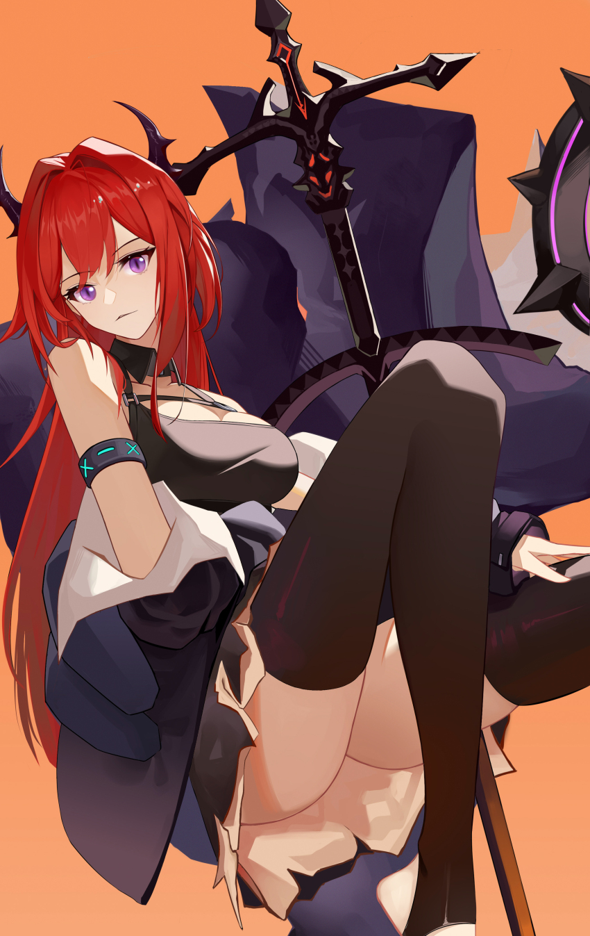 1girl, absurdres, arknights, ass, bare_shoulders, black_dress, black_horns, black_thighhighs, breasts, chest_strap, cleavage, closed_mouth, collar, demon, demon_girl, demon_horns, detached_collar, dress, floating, giant, giant_hand, grayson, hair_between_eyes, hair_intakes, highres, horns, infection_monitor_(arknights), jacket, large_breasts, long_hair, looking_at_viewer, orange_background, parted_lips, purple_eyes, red_hair, simple_background, sitting, slit_pupils, solo, spiked_collar, spikes, surtr's_golem_(arknights), surtr_(arknights), sword, thighhighs, upskirt, very_long_hair, weapon