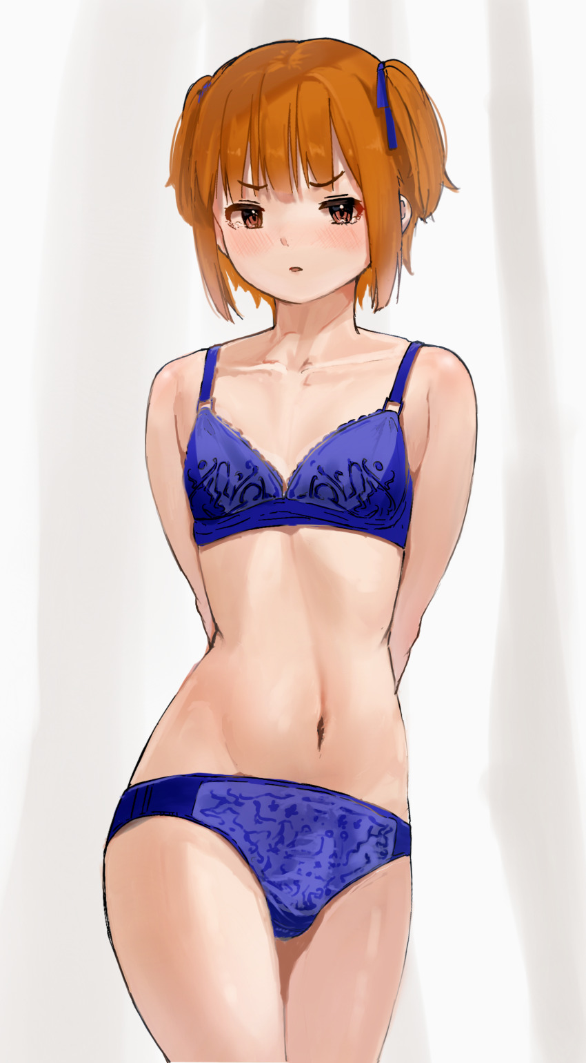 1boy, 50-nin_craft, absurdres, arms_behind_back, bare_arms, bare_shoulders, blue_bra, blue_panties
