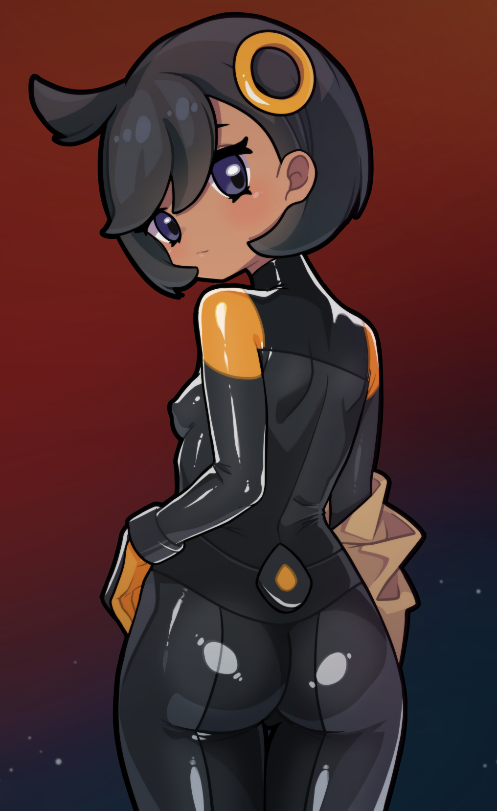 1girl, ass, black_bodysuit, black_hair, bodysuit, breasts, closed_mouth, commentary_request