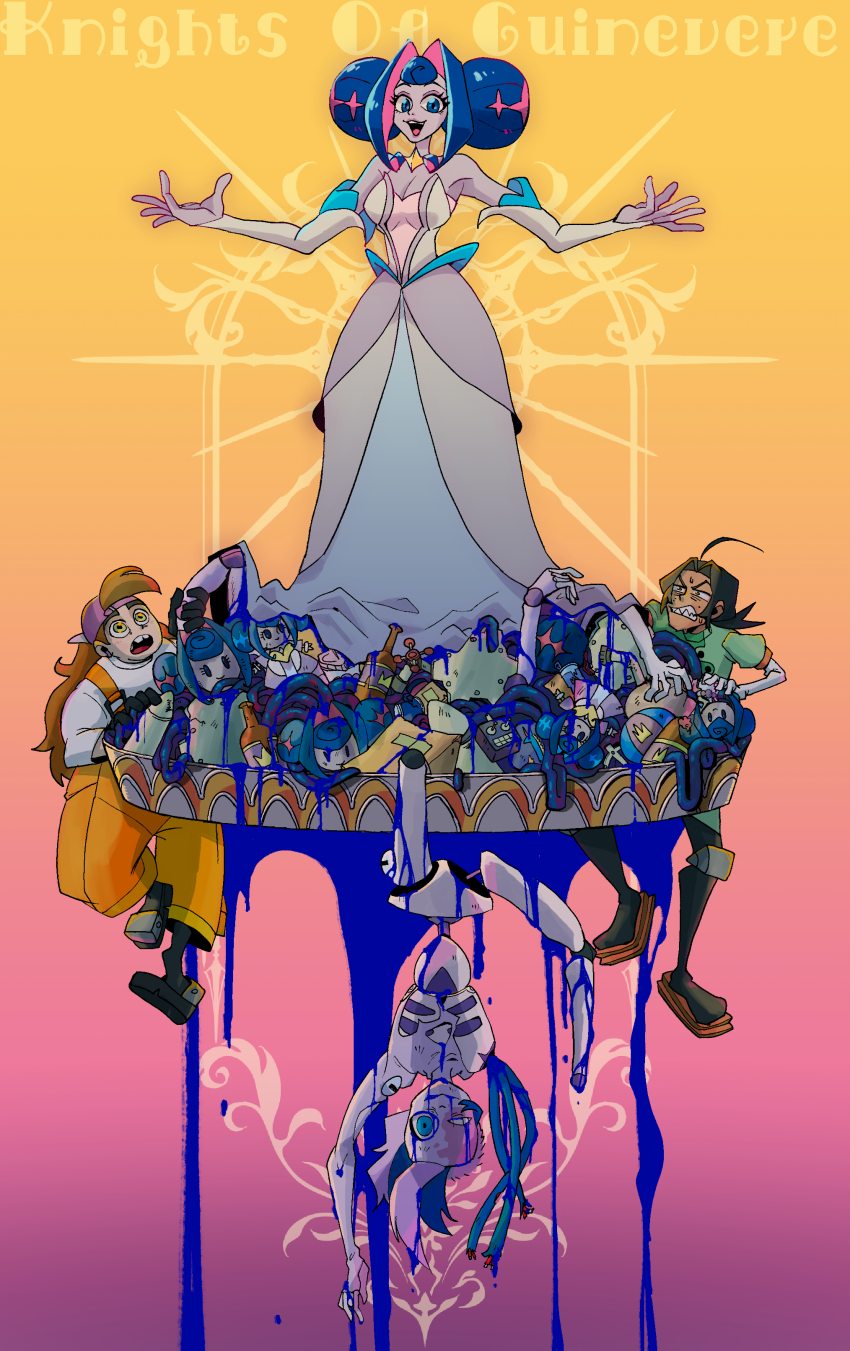 3girls, absurdres, andrea_(knights_of_guinevere), android, bare_shoulders, blood, blue_blood, blue_eyes, blue_hair, breasts, character_doll, colored_skin, copyright_name, disembowelment, doll, double_bun, dress, francesca_(knights_of_guinevere), geri_hamstar, gloves, grey_skin, hair_bun, highres, knights_of_guinevere, long_hair, looking_at_viewer, multiple_girls, princess, princess_dress, princess_guinevere, smile, stitched_eye, white_dress