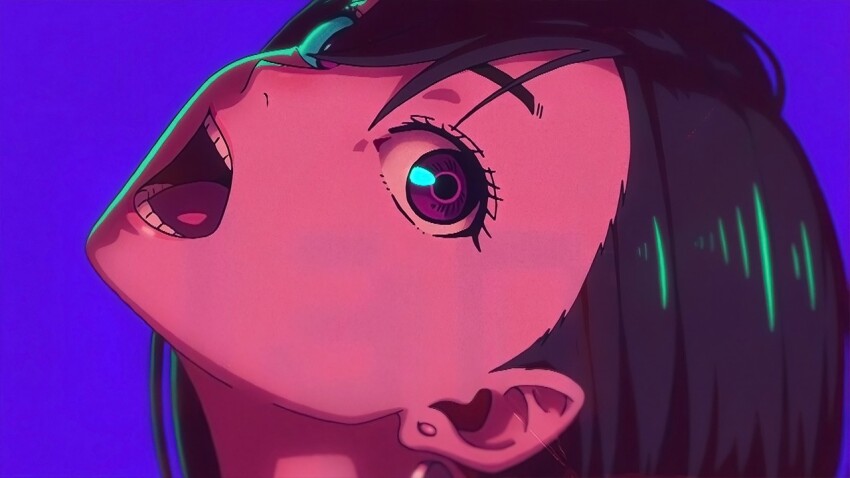 1girl, abel_gongora, anime_coloring, anime_screenshot, ayase_momo, black_hair, close-up, dandadan, eyelashes, green_light, hair_between_eyes, head_tilt, looking_at_viewer, looking_to_the_side, medium_hair, neck, official_art, open_mouth, portrait, purple_background, purple_eyes, science_saru, shadow, simple_background, solo, teeth, tongue