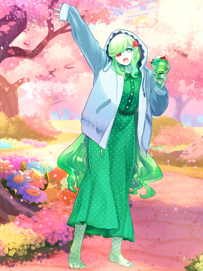 1girl, :d, arm_up, colored_skin, dairoku_ryouhei, day, dessert, dress