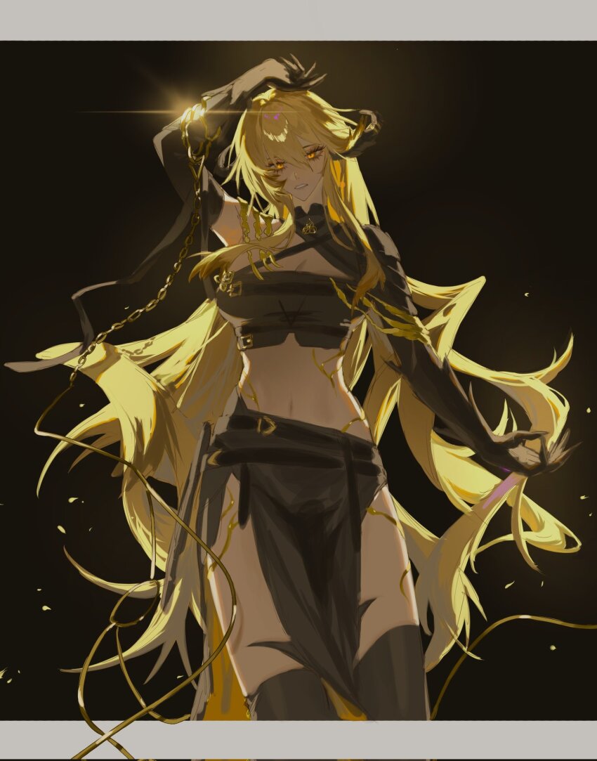 1girl, arm_up, black_background, black_gloves, black_sleeves, black_thighhighs, black_tube_top, blonde_hair, border, breasts, chain, cleavage, cowboy_shot, detached_sleeves, diffraction_spikes, gloves, glowing, glowing_eyes, gold_chain, gradient_background, grey_border, hair_between_eyes, hashtag-only_commentary, highres, horns, letterboxed, long_hair, looking_at_viewer, medium_breasts, nate71762013, navel, orange_eyes, outside_border, parted_lips, path_to_nowhere, pelvic_curtain, shrug_(clothing), single_detached_sleeve, single_sleeve, solo, stomach, straight-on, strapless, synex_(path_to_nowhere), thighhighs, tube_top, very_long_hair