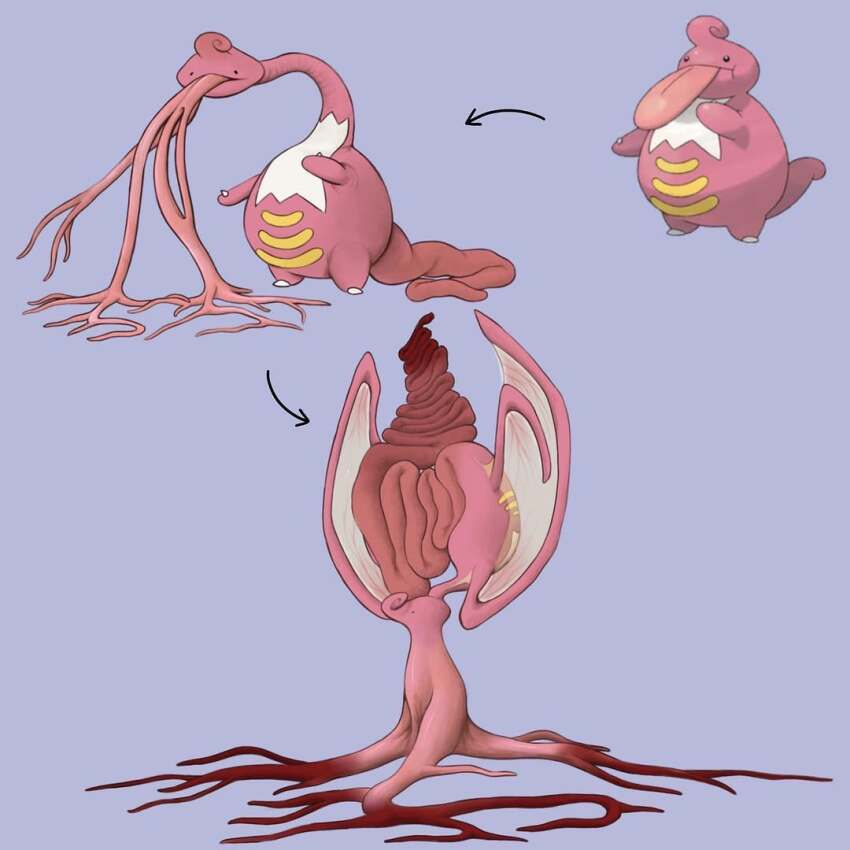 arrow_(symbol), blue_background, body_horror, bub.bleazk, chart, colored_skin, commentary, english_commentary, english_text, evolution, evolutionary_line, fakemon, full_body, gen_4_pokemon, gradient_tail, gradient_tentacles, grey_background, horror_(theme), lickilicky, long_neck, long_tongue, monster, multiple_tongues, multiple_views, neck, nintendo, no_humans, pink_skin, pokemon, pokemon_(creature), pokemon_focus, simple_background, tail, tentacle_tongue, tentacles, tongue, very_long_tail, very_long_tongue, wings