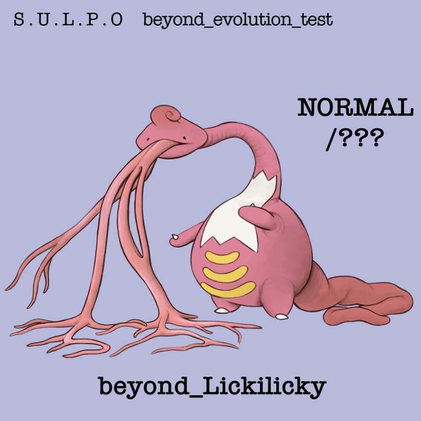 blue_background, body_horror, bub.bleazk, colored_skin, commentary, english_commentary, english_text, fakemon, full_body, gen_4_pokemon, grey_background, horror_(theme), lickilicky, long_neck, long_tongue, multiple_tongues, neck, nintendo, no_humans, pink_skin, pokemon, pokemon_(creature), pokemon_focus, simple_background, solo, tail, tentacle_tongue, tentacles, tongue, very_long_tail, very_long_tongue