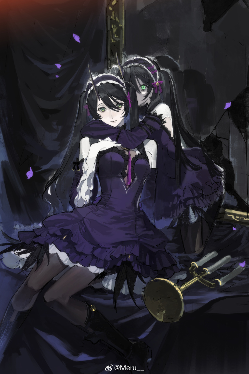 1girl, absurdres, black_boots, black_hair, black_hairband, black_pantyhose, boots, candlestand