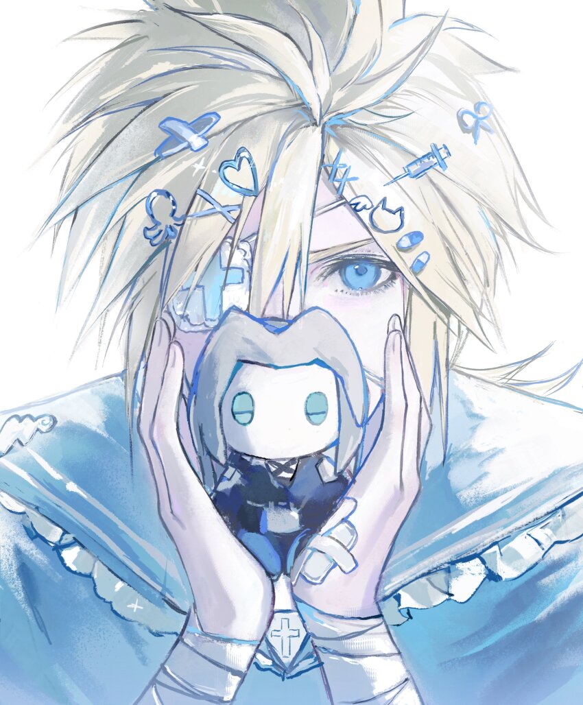 2boys, 3_3lecho, absurdres, bandaged_wrist, bandages, black_coat, blonde_hair, blue_sailor_collar, blue_theme, character_doll, cloud_strife, coat, covered_mouth, cross_hair_ornament, crossdressing, crossdressing_(mtf), doll, eyepatch, final_fantasy, final_fantasy_vii, final_fantasy_vii_remake, frilled_sailor_collar, frills, grey_hair, hair_ornament, hairclip, hands_up, heart, heart_hair_ornament, highres, lace-trimmed_eyepatch, looking_at_viewer, low_ponytail, male_focus, multiple_boys, official_alternate_hairstyle, pill_hair_ornament, ponytail, sailor, sailor_collar, sephiroth, short_hair, solo_focus, spiked_hair, syringe_hair_ornament, tenshi_kaiwai, too_many_hair_ornaments, upper_body, white_background, wing_hair_ornament
