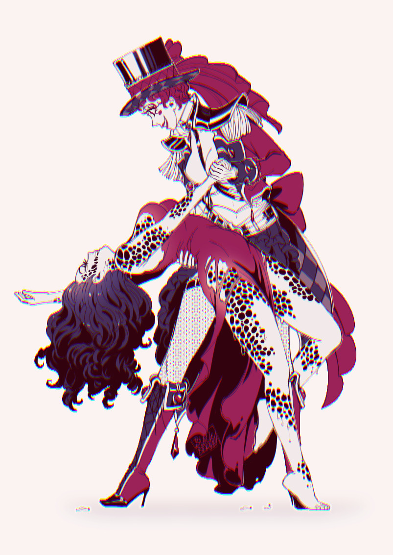 2girls, barefoot, blackberreh-art, body_horror, boots, bow, breasts, cleavage, colored_skin, dancing, design_speculation, dip_(dance_move), dress, eyelashes, grin, guro, hat, high_heel_boots, high_heels, hole_in_arm, hole_in_chest, hole_in_face, hole_in_leg, hole_on_body, jane_prentiss, lips, makeup, multiple_girls, nikola_orsinov, red_dress, red_eyes, red_hair, red_lips, short_hair, smile, the_magnus_archives, torn_clothes, torn_dress, trypophobia, very_short_hair, white_skin, worm, yuri