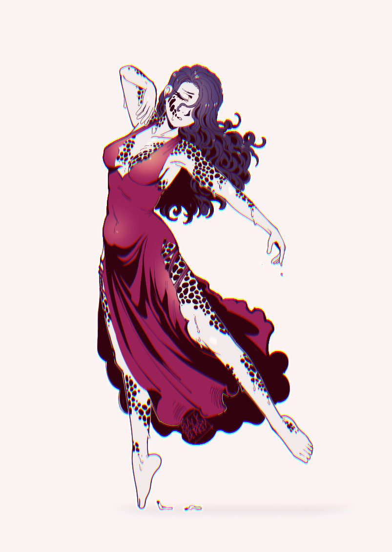 ballet, barefoot, belly, black_hair, blackberreh-art, body_horror, breasts, cleavage