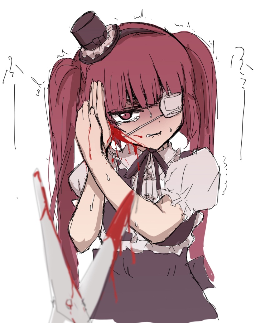 1girl, black_dress, blood, blood_on_face, blood_on_hands, blood_on_scissors, blunt_bangs, clenched_teeth