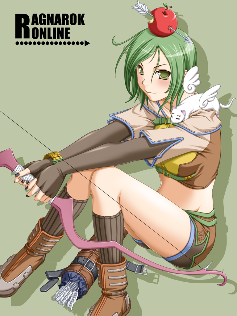 1girl, 2000s_(style), animal, animal_on_shoulder, apple_on_head, arrow_(projectile), arrow_through_apple, black_nails