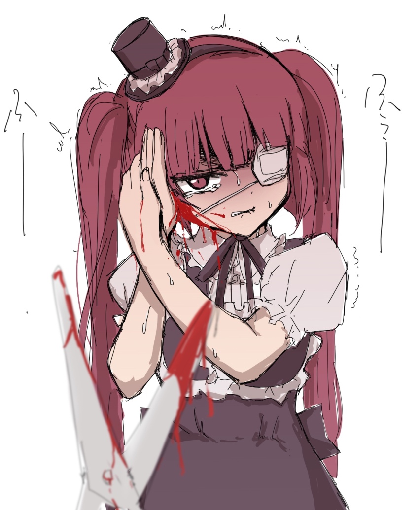 1girl, black_dress, blood, blood_on_face, blood_on_hands, blood_on_scissors, blunt_bangs, clenched_teeth