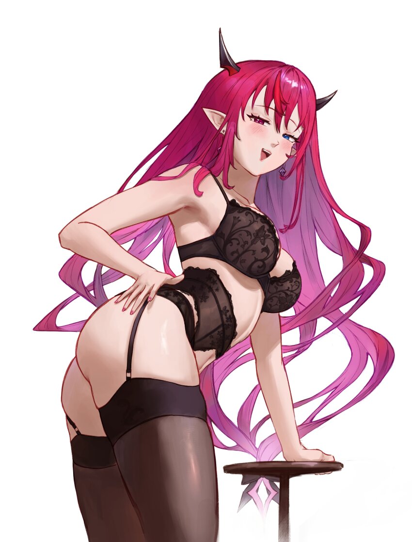 1girl, absurdres, arm_support, ass, black_bra, black_garter_belt, black_horns, black_panties