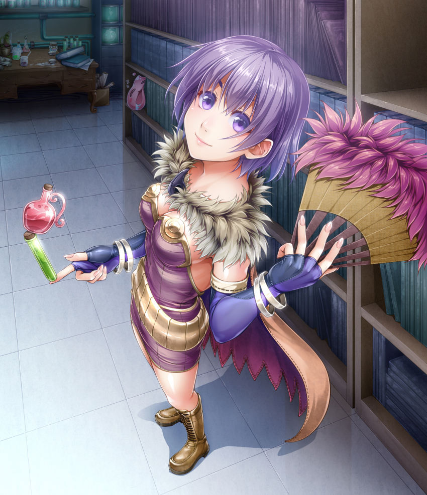 1girl, alchemist_(ragnarok_online), bangle, blue_gloves, blush, book, bookshelf, boots