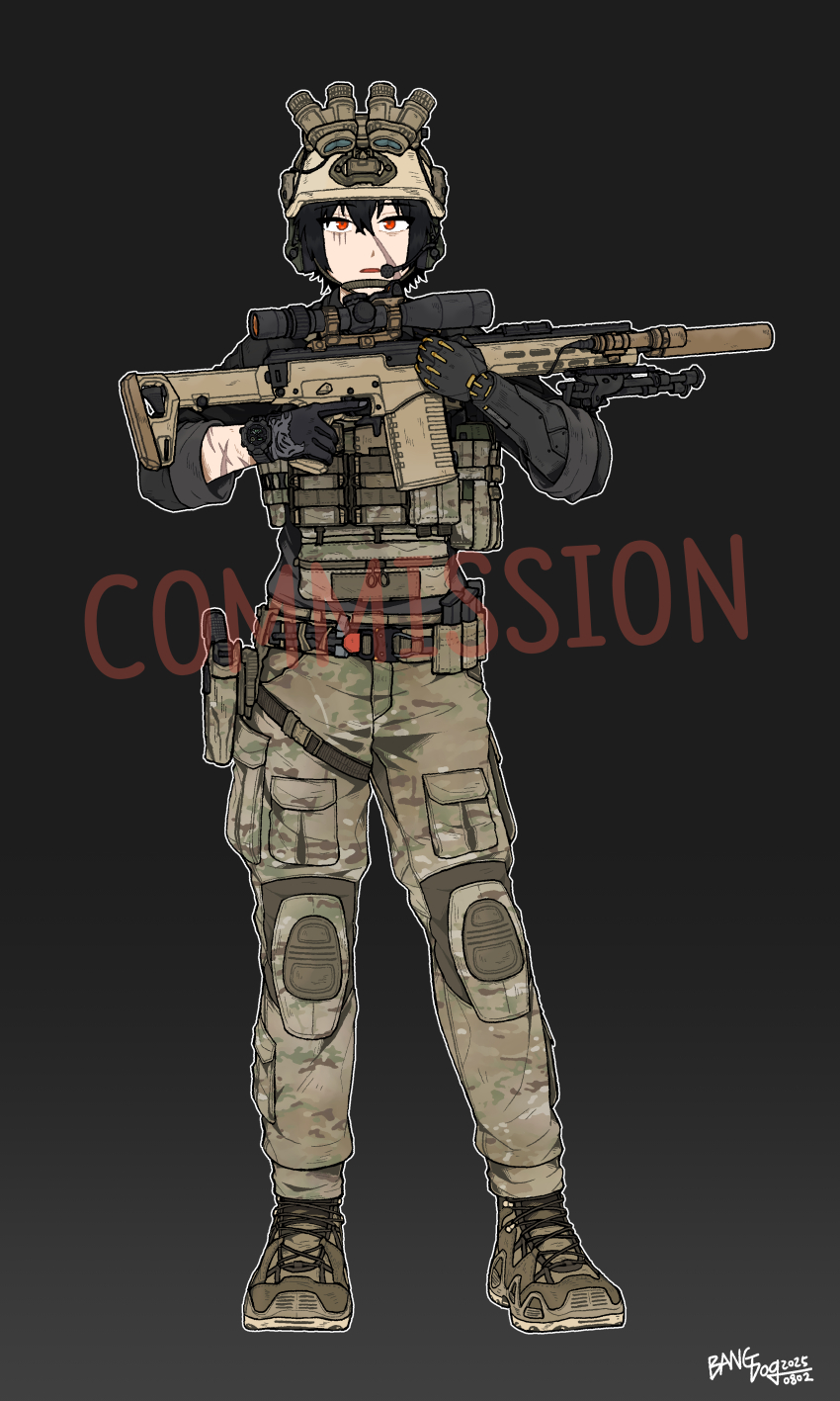 1girl, absurdres, ammunition_pouch, bangdog, belt, belt_pouch, bipod, black_background