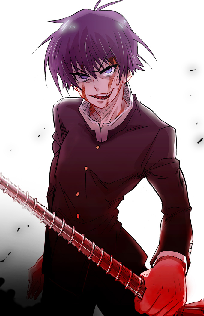 1boy, bad_id, bad_pixiv_id, black_hair, blood, blue_eyes, gakuran, gradient_background, kumagawa_misogi, male_focus, medaka_box, school_uniform, screw, short_hair, smile, smirk, smug, sneer, solo, white_background, yamado