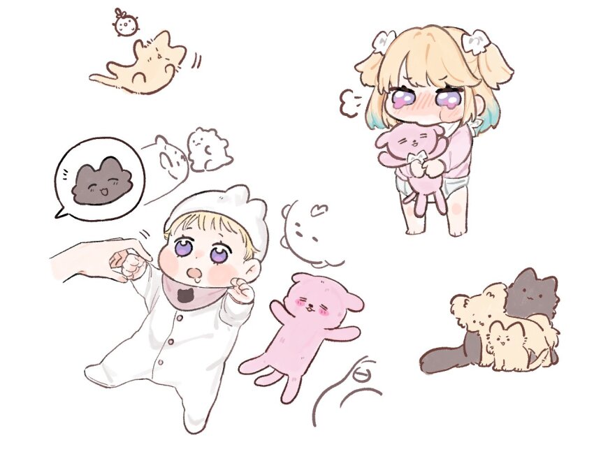 2girls, :3, :d, =_=, ^_^, animalization, anyoji_hime, baby, basil_(wgh0anzdple3asf), blonde_hair, blue_hair, blush, cat, clenched_hand, closed_eyes, commentary_request, diaper, dripping_eye, drooling, fujishima_megumi, gonzales_(love_live!), gradient_hair, hugging_doll, hugging_object, if_they_mated, link!_like!_love_live!, love_live!, lying, mother_and_child, mother_and_daughter, multicolored_hair, multiple_girls, multiple_views, nose_blush, on_back, onesie, open_mouth, osawa_rurino, parent_and_child, pink_shirt, puff_of_air, puffy_cheeks, purple_eyes, saliva, science_babies, shirt, short_twintails, smile, speech_bubble, spoken_animal, spoken_character, standing, stuffed_animal, stuffed_toy, tearing_up, toddler, twintails, v-shaped_eyebrows, virtual_youtuber, white_background, yurie_mouth