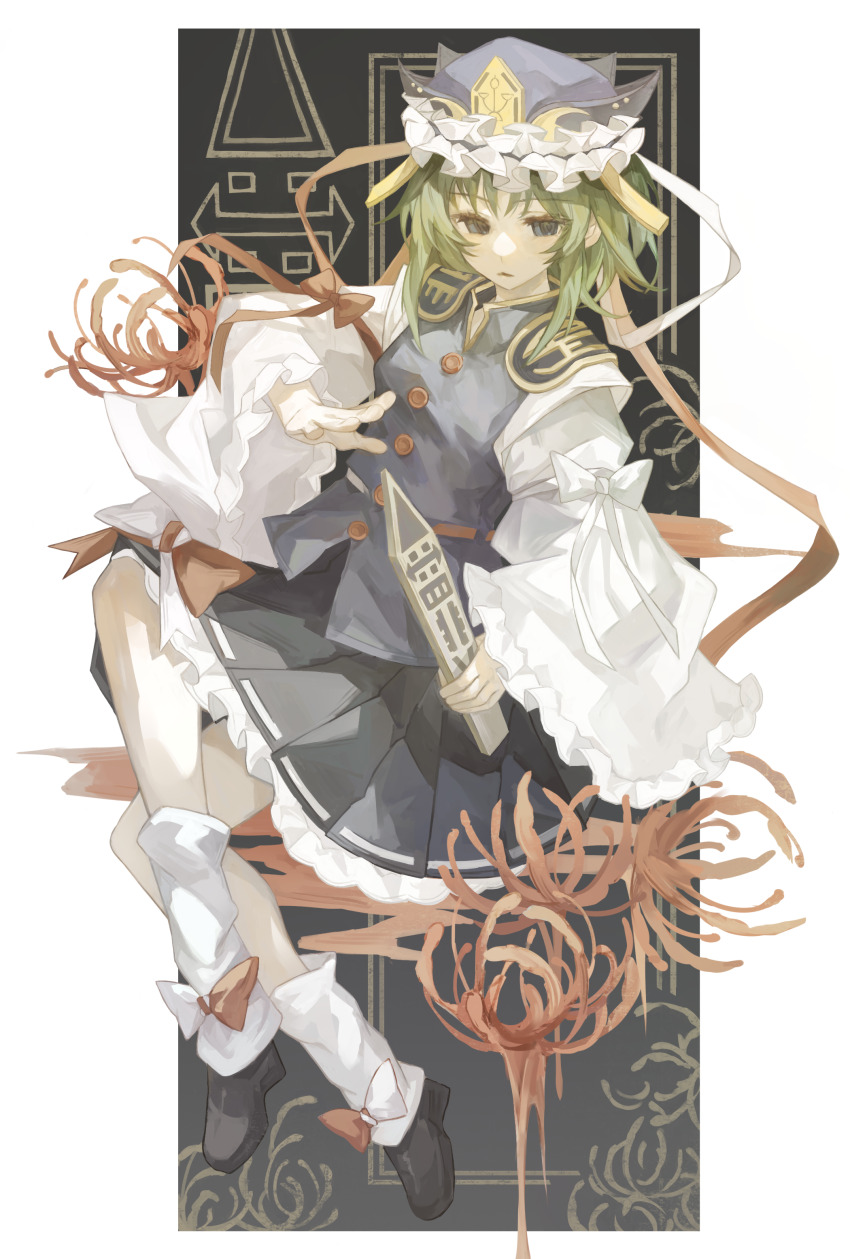 1girl, absurdres, asymmetrical_hair, blue_eyes, blue_vest, blush, bow, flower