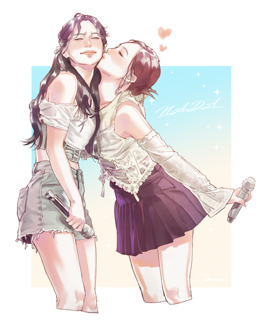 2girls, blush, border, dahyun_(twice), denim, denim_skirt, detached_sleeves, embarrassed
