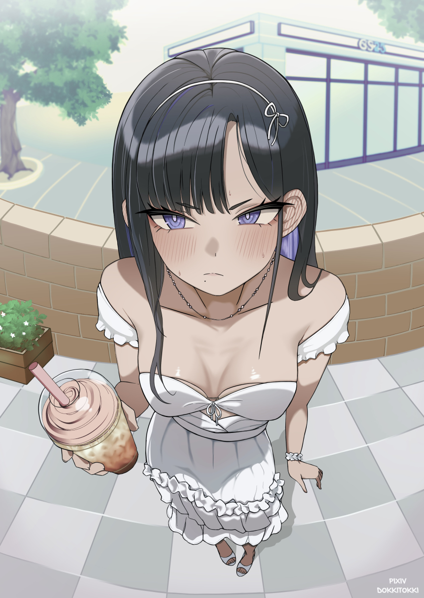 1girl, absurdres, black_hair, blue_eyes, blue_hair, blush, breasts, brick_wall