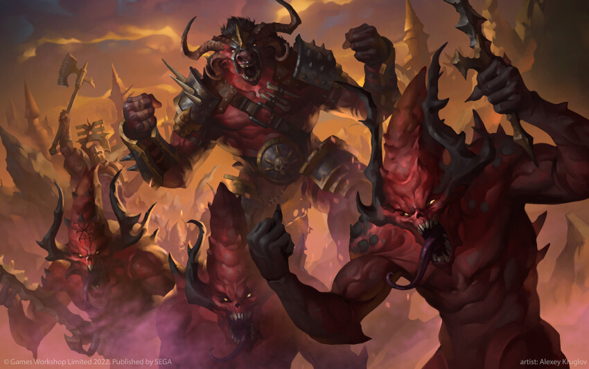 absurdres, alexeykruglov, axe, battle_axe, bloodthirster, chaos_(warhammer), colored_tongue, demon