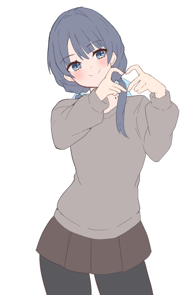 1girl, black_pantyhose, blue_eyes, blue_hair, blue_ribbon, blush, brown_skirt, closed_mouth