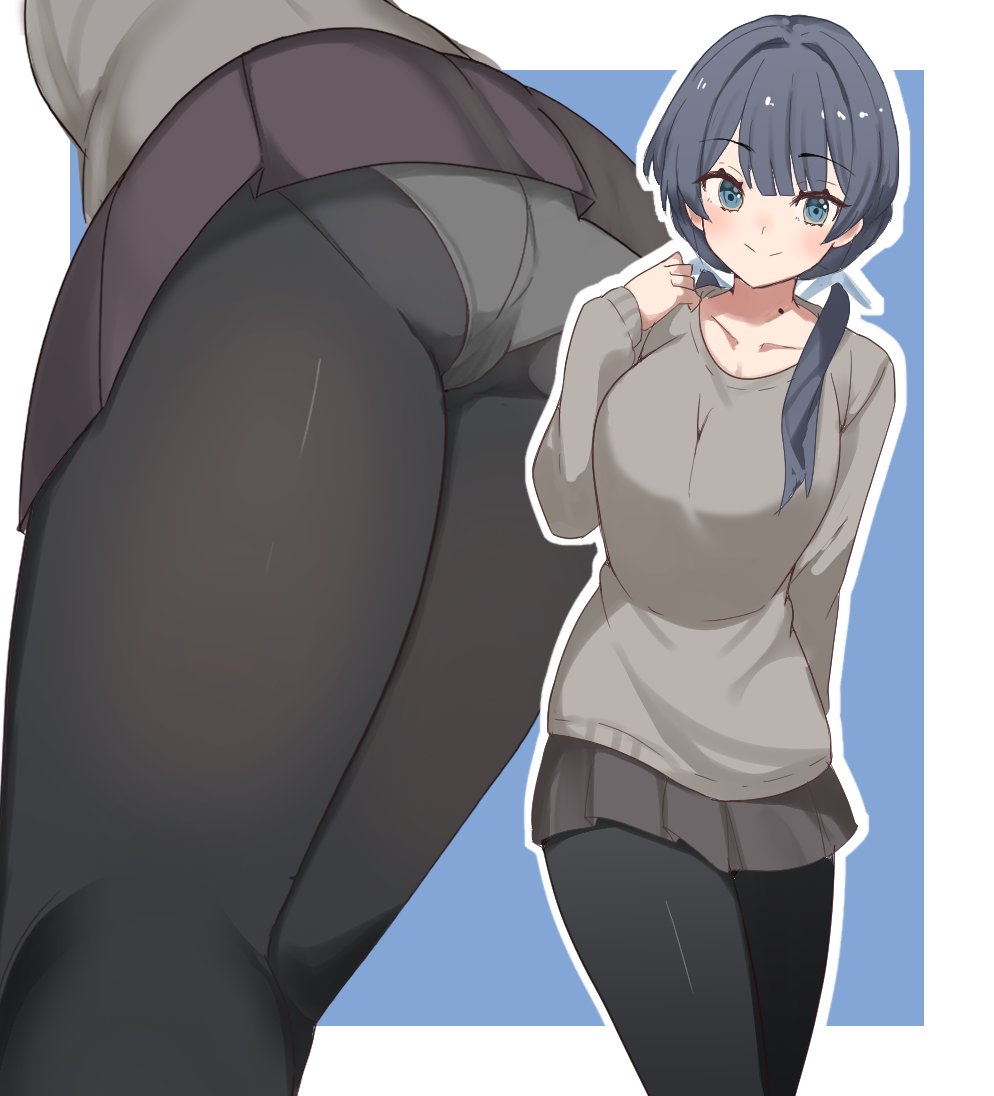 1girl, ass, black_pantyhose, blue_background, blue_hair, blue_ribbon, border, breasts, collarbone, commentary_request, grey_shirt, grey_skirt, hair_ribbon, large_breasts, link!_like!_love_live!, love_live!, low_twintails, lying, miniskirt, mole, mole_on_neck, mtu_virus, multiple_views, murano_sayaka, murano_sayaka_(winter_casual), official_alternate_costume, on_back, outline, panties, pantyhose, pantyshot, pleated_skirt, ribbon, shirt, simple_background, skirt, soyo1558686, twintails, underwear, virtual_youtuber, voyeur_pov, white_border, white_outline, white_panties