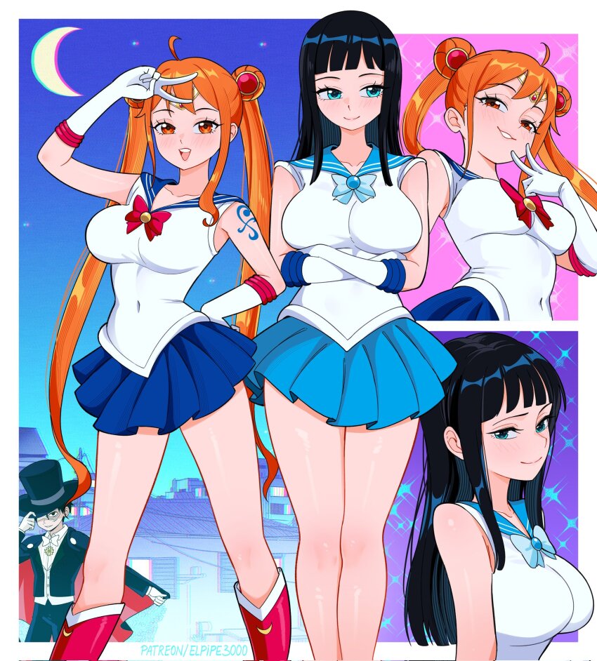 1boy, 2girls, bishoujo_senshi_sailor_moon, black_hair, blue_eyes, blue_ribbon, blue_sailor_collar, breasts