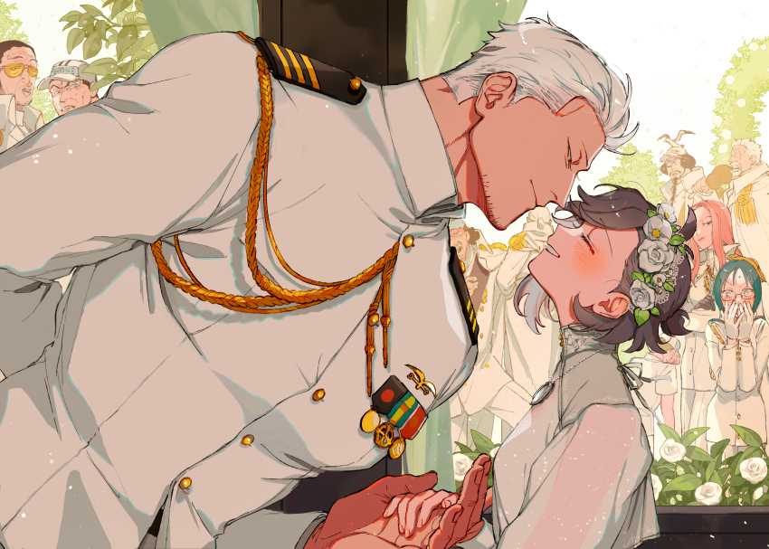 3girls, 6+boys, absurdres, aiguillette, antenna_hair, aokiji_(one_piece), arm_behind_back, blush