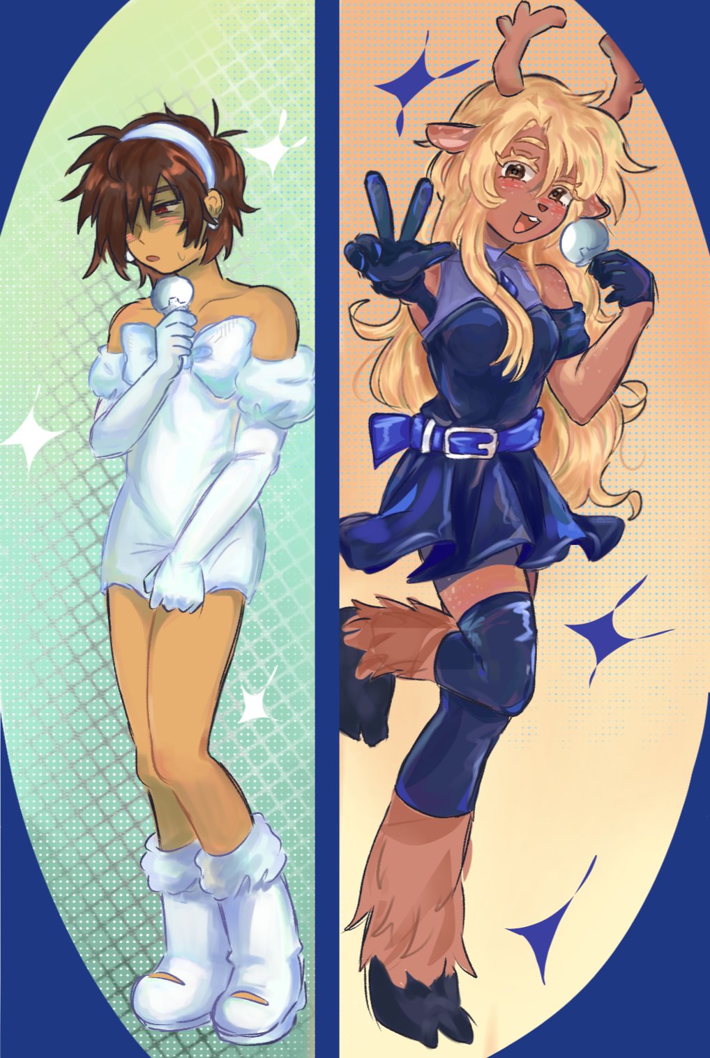 1girl, 1other, alien_stage, animal_ears, antlers, bare_shoulders, black_dress, black_gloves