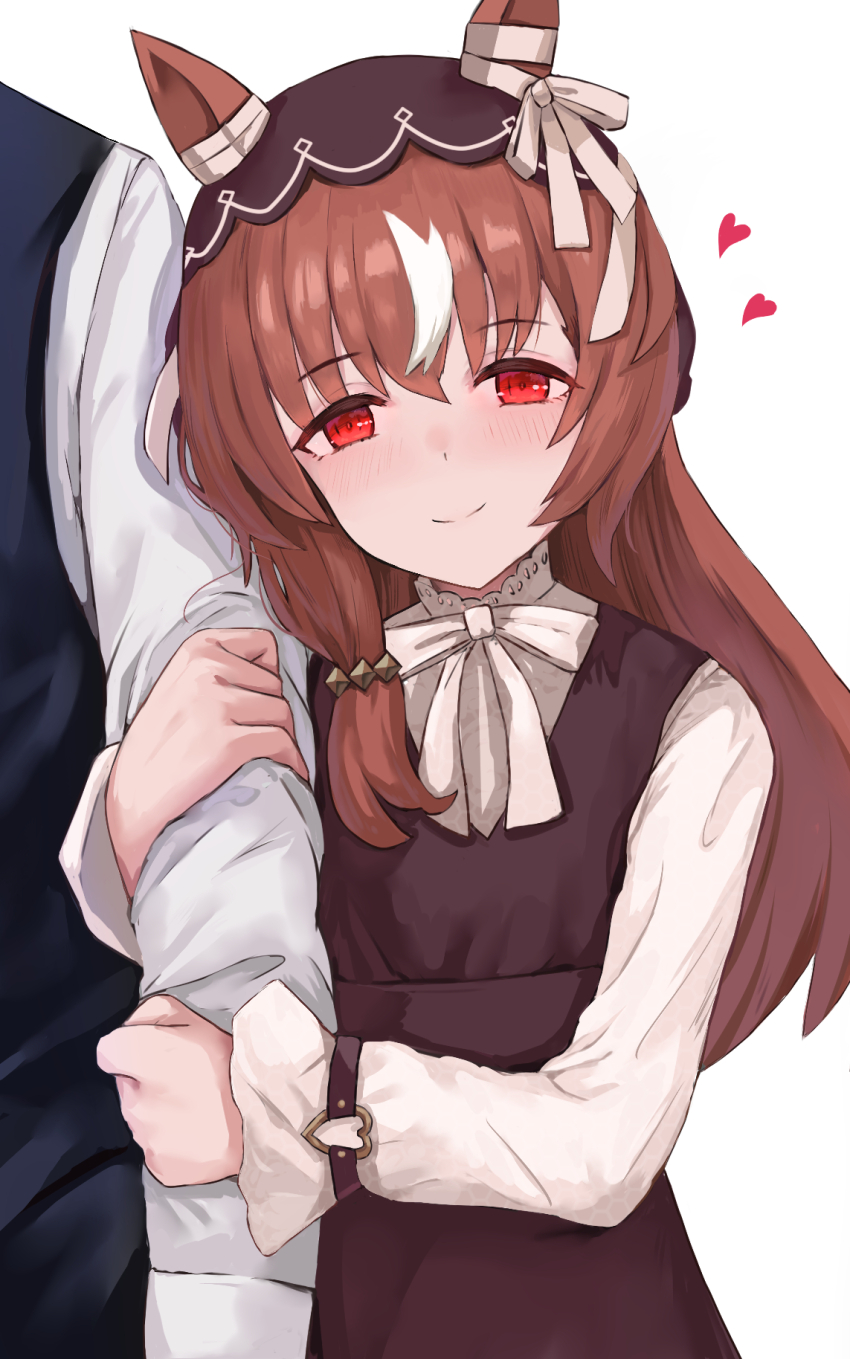 1boy, 1girl, animal_ears, arm_hug, blush, breasts, casual, closed_mouth