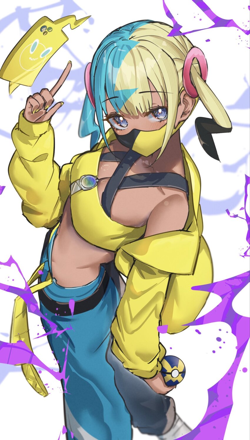 1girl, bare_shoulders, black_mask, blonde_hair, blue_eyes, blue_hair, blush, breasts