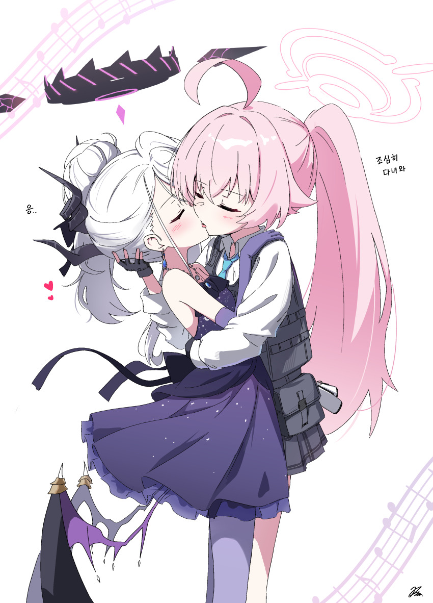 2girls, absurdres, ahoge, black_gloves, black_halo, black_wings, blue_archive, blush