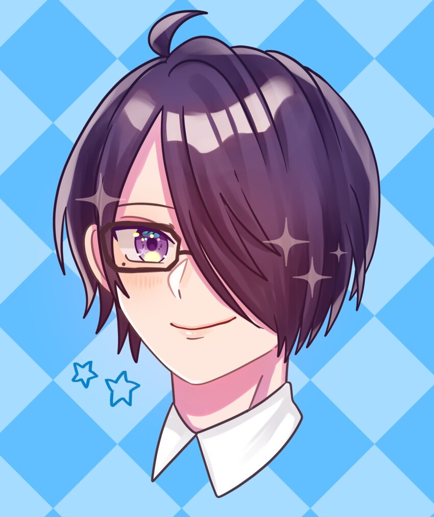 1boy, ahoge, asahina_azusa, black-framed_eyewear, black_hair, blush, brothers_conflict, checkered_background, commentary, cropped_shoulders, glasses, hair_over_one_eye, highres, iwashi0725, mole, mole_under_eye, purple_eyes, simple_background, smile, solo, star_(symbol)