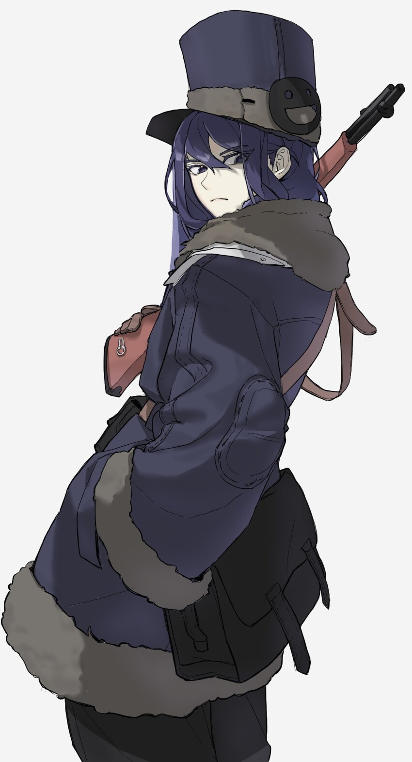 1girl, absurdres, black_frost, coat, etrian_odyssey, fur-trimmed_coat, fur_trim, gun