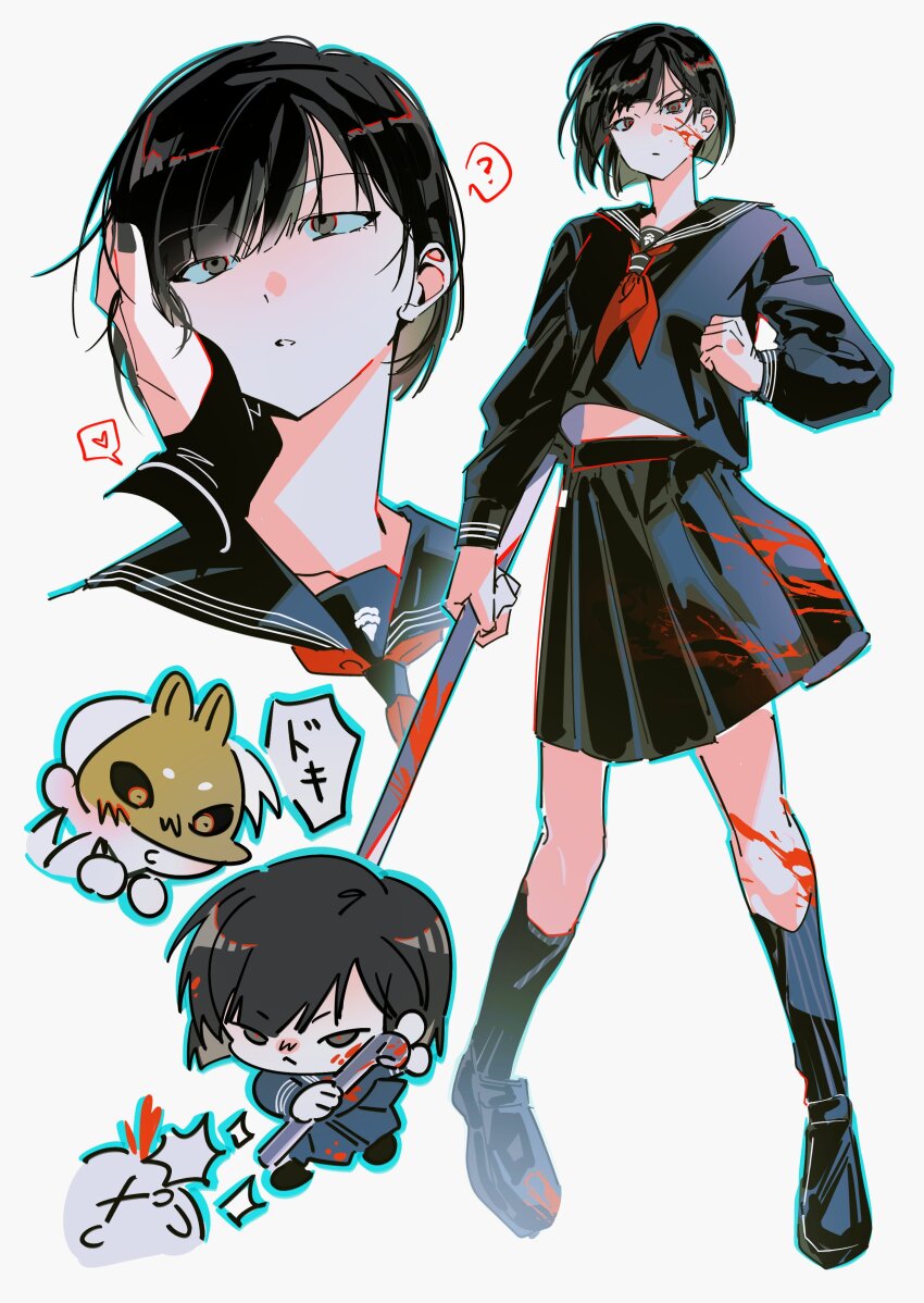 1boy, 1girl, absurdres, black_sailor_collar, chibi, e_mo_ka, fox_mask, fox_mask_(silent_hill), highres, holding, holding_lead_pipe, japanese_clothes, lead_pipe, mask, neckerchief, red_neckerchief, sailor_collar, school_uniform, serafuku, shimizu_hinako, short_hair, silent_hill_(series), silent_hill_f, torn_sleeve