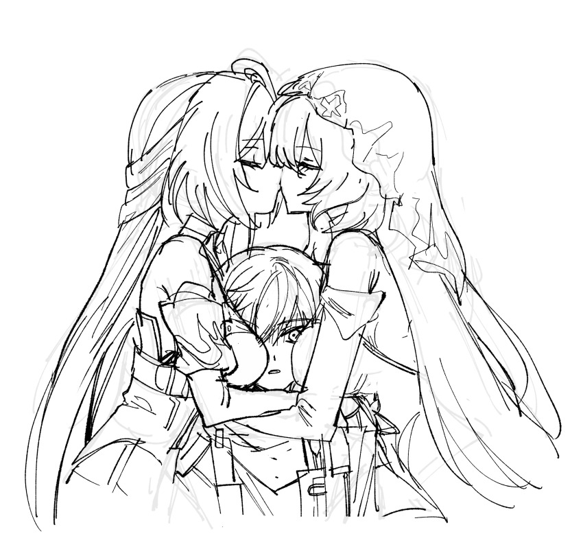 1boy, 2girls, absurdres, acheron_(honkai:_star_rail), between_breasts, black_swan_(honkai:_star_rail), breasts, caelus_(honkai:_star_rail), closed_eyes, face_between_breasts, head_between_breasts, highres, honkai:_star_rail, honkai_(series), kiss, long_hair, multiple_girls, noisy9p, one_eye_covered, simple_background, sketch, trailblazer_(honkai:_star_rail), upper_body, white_background, yuri