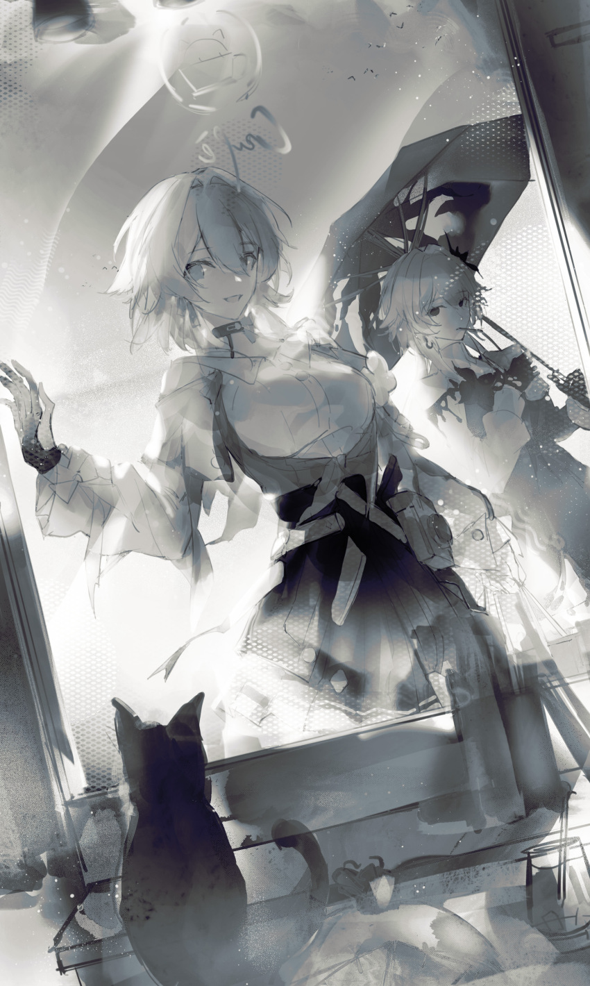 2girls, absurdres, bra_strap, breasts, buttons, camera, cat, choker