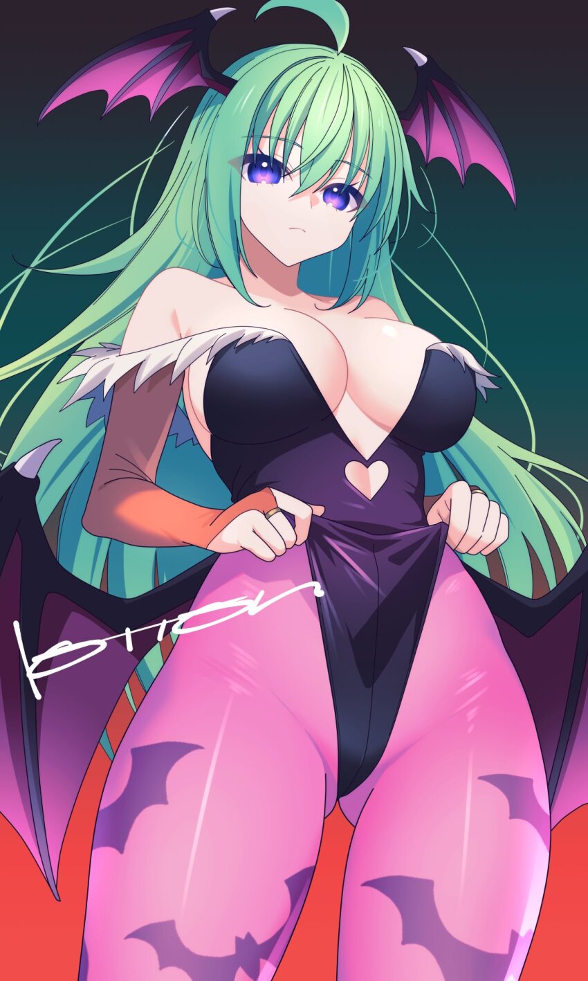 1girl, ahoge, azure_striker_gunvolt, bare_shoulders, bat_wings, breasts, cleavage, clothing_cutout, cosplay, cowboy_shot, darkstalkers, expressionless, from_below, gradient_background, green_hair, gunvolt_chronicles_luminous_avenger_ix, gunvolt_chronicles_luminous_avenger_ix_2, head_wings, heart_cutout, highleg, highleg_leotard, highres, large_breasts, leotard, lololotton, long_hair, looking_at_viewer, morrigan_aensland, morrigan_aensland_(cosplay), mother_(luminous_avenger_ix), paid_reward_available, pulling_own_clothes, purple_eyes, signature, solo, very_long_hair, wings