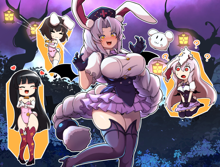 4girls, ?, ??, alternate_costume, animal_ears, bare_tree, black_gloves, black_hair