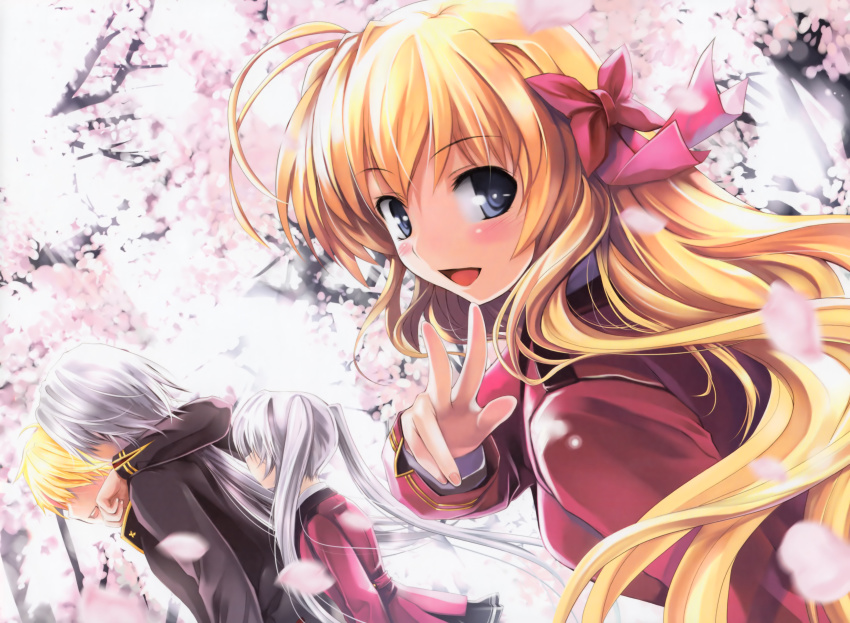 2boys, 2girls, absurdres, blonde_hair, blush, bow, brother_and_sister, cherry_blossoms