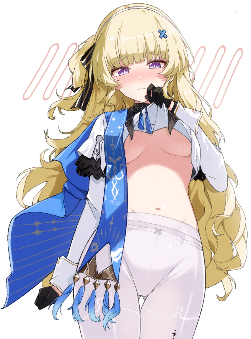 1girl, black_bow, black_collar, black_gloves, blonde_hair, blue_sash, blush, bow